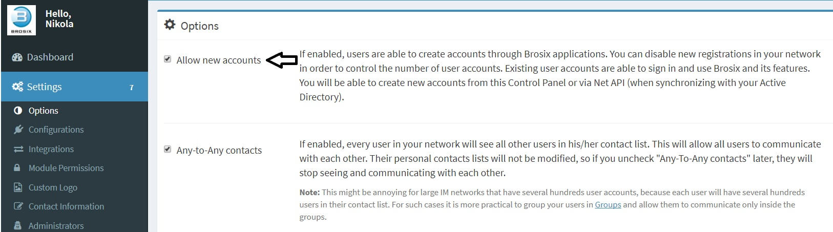 allow new contacts and any-to-any